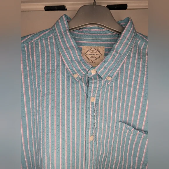 St. John's Bay XXL Mens No Tuck Textured Blue Pink White Stripe Button Up - Picture 5 of 10